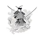 Ronin samurai holding a sword with cherry blossoms flying tattoo design idea