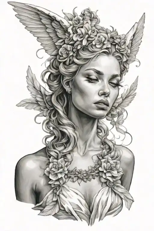 Angelic woman posing tattoo design idea