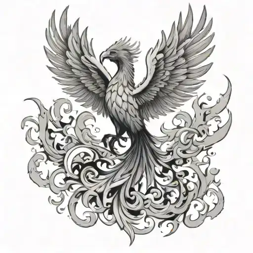  a majestic phoenix rising from the flames, its wings outstretched in a triumphant display. Within the flames, subtly in tattoo design idea