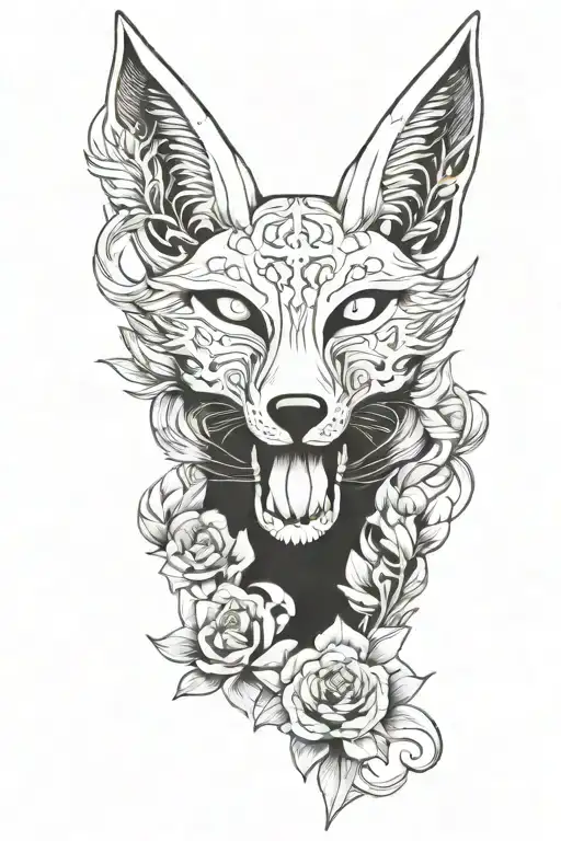 Cross with kitsune mask  tattoo design idea