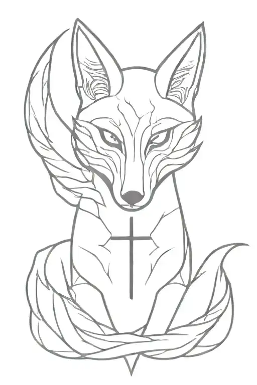 Cross with kitsune mask  tattoo design idea