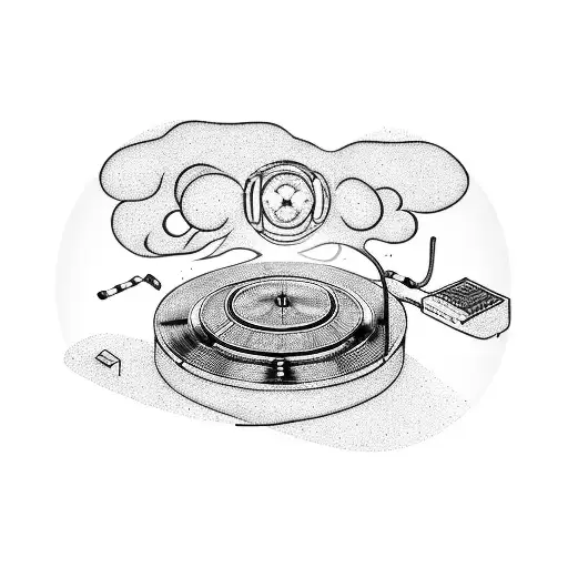 A futuristic DJ turntable with smoke and musical notes coming out of it tattoo design idea