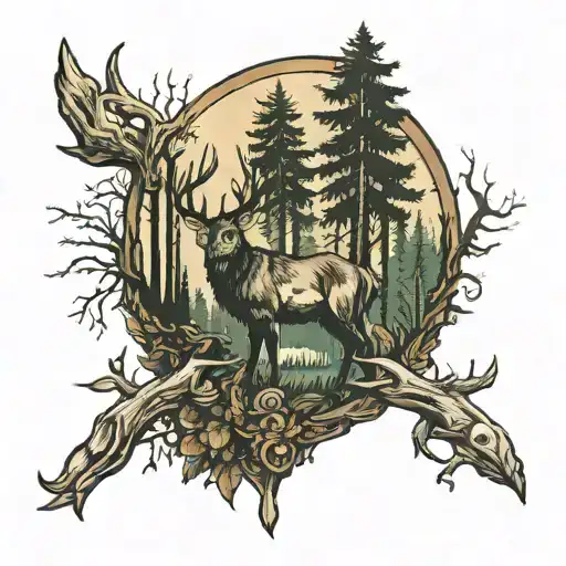 Forest and hunting scene tattoo design idea