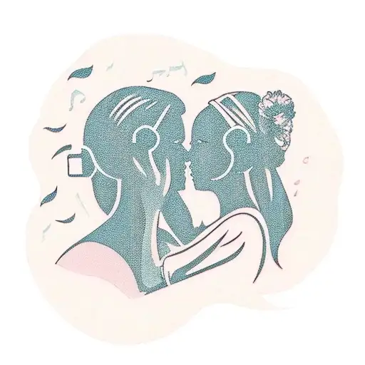 A silhouette of a mother and daughter listening to music tattoo design idea