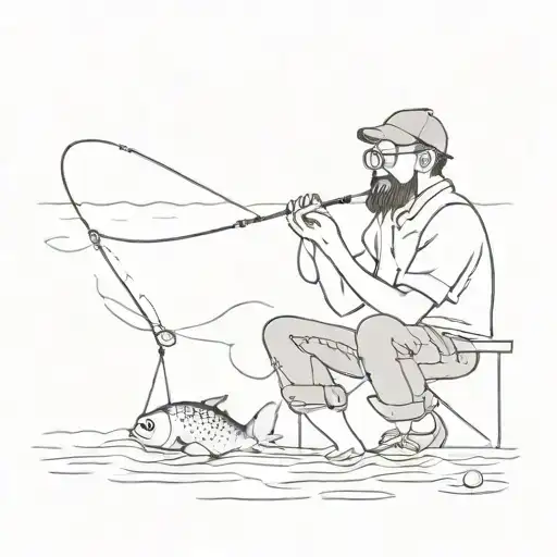 a fisherman who is about to leave but suddenly catches a small fish with glasses that looks at him tattoo design idea