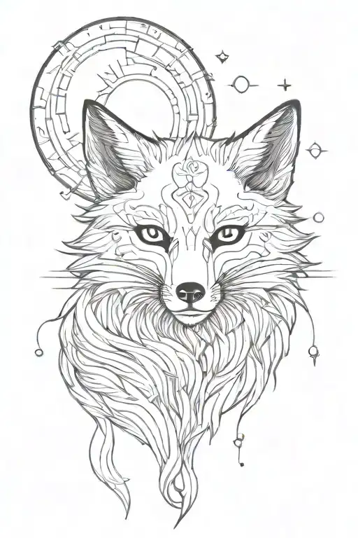 minimalist in black and white Line art on transparent background: A black and white fox demon with moon and sun tattoo design idea