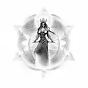 mystical woman, silk, virgo emblem, roman numerals, constellation, time tattoo design idea