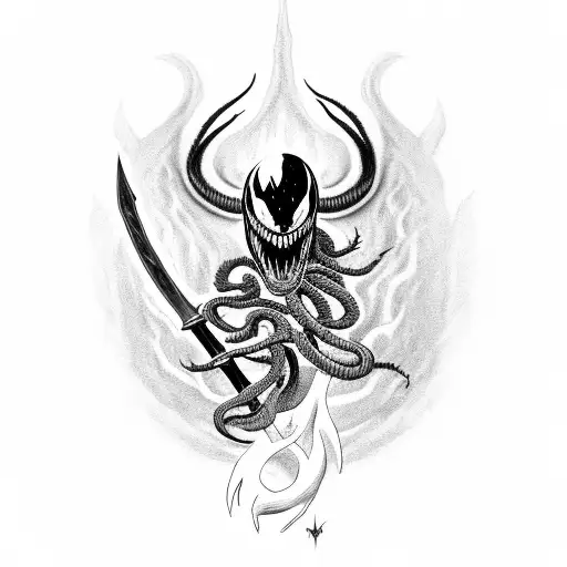 venom with a fire sword tattoo design idea