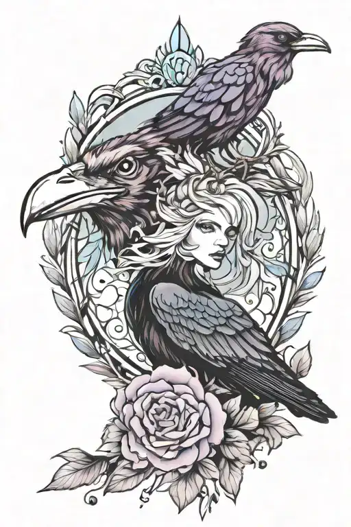 amethyst gemstone, opal gemstone, sapphire gemstone, crows, goddess morrigan, line work tattoo design idea