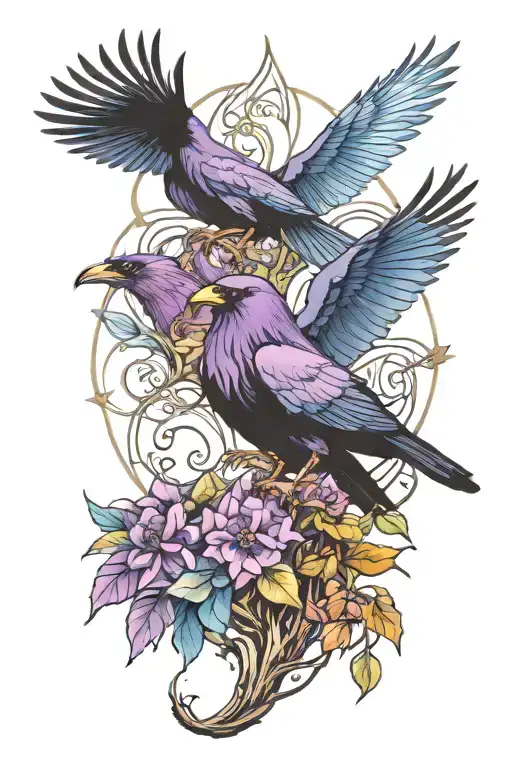 amethyst gemstone, opal gemstone, sapphire gemstone, crows, goddess morrigan, line work tattoo design idea