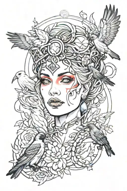 gemstones, goddess morrigan, crows, line work  tattoo design idea