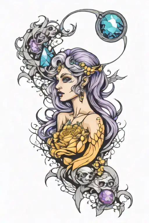 amethyst , opal, sapphire, goddess morrigan, line work, gemstones tattoo design idea