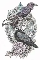 amethyst gemstone, opal gemstone, sapphire gemstone, crows, goddess morrigan, line work tattoo design idea