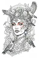 gemstones, goddess morrigan, crows, line work  tattoo design idea