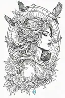 gemstones, goddess morrigan, crows, line work  tattoo design idea