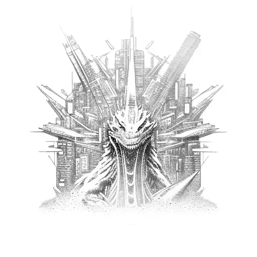 A futuristic cityscape with Godzilla towering over skyscrapers, surrounded by lush nature tattoo design idea