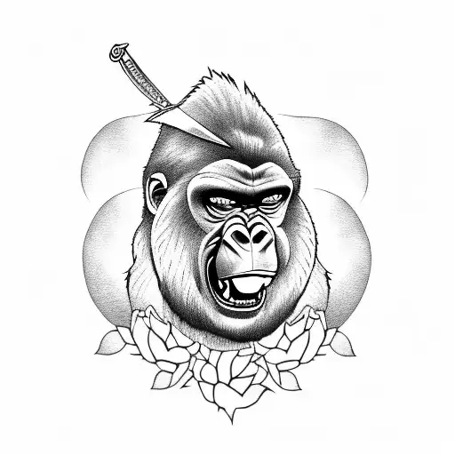roaring gorilla with roses and sword  tattoo design idea