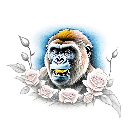 roaring gorilla with roses and sword  tattoo design idea