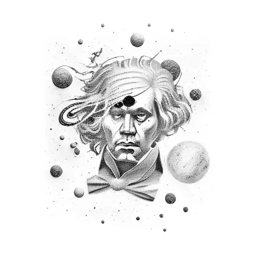 galaxies and beethoven in surrealism style tattoo design idea