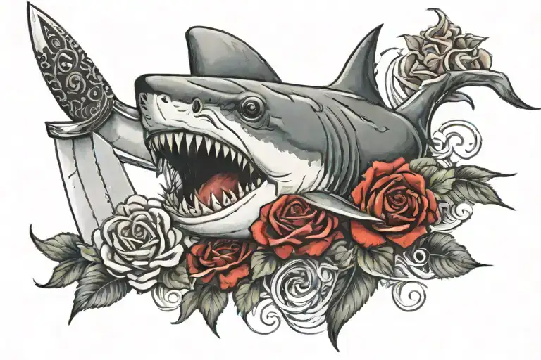 Great white shark bitting a dagger with red roses tattoo design idea