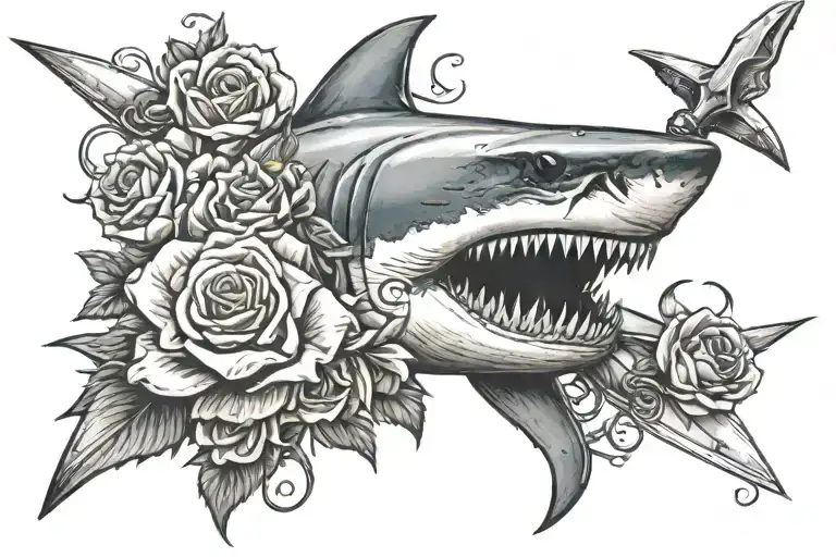 Great white shark bitting a dagger with roses tattoo design idea