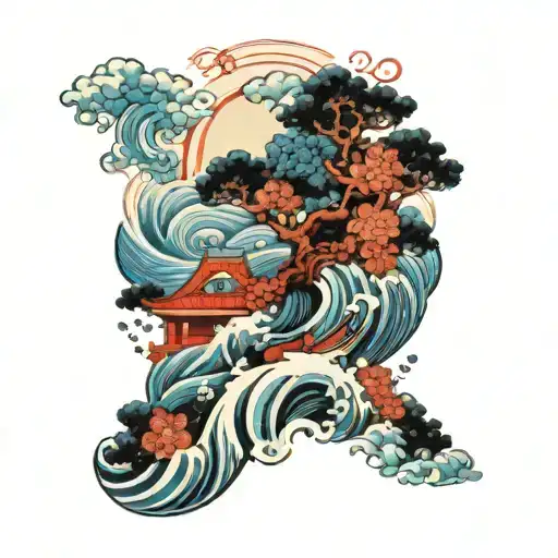 waves, flowers, blue, red, cars, trees, clouds, japan tattoo design idea