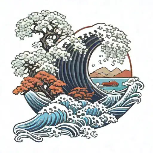 waves, flowers, blue, red, cars, trees, clouds, japan tattoo design idea