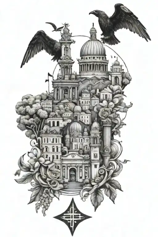 An intricate design combining Italian landmarks with symbols of family and loyalty tattoo design idea