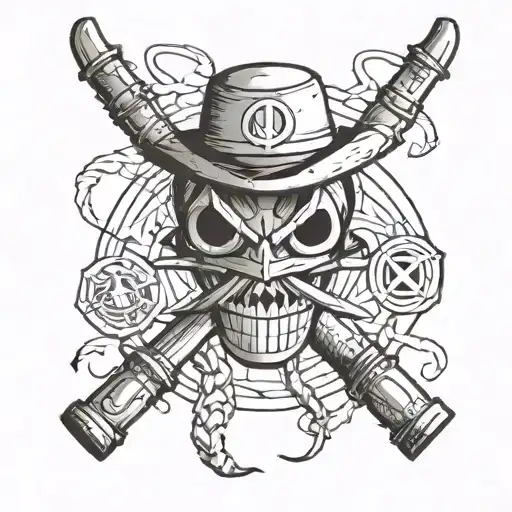 straw hat, zorro saber, nami staff, chopper hat, sanji hill, usopp slingshot. letter v tattoo design idea