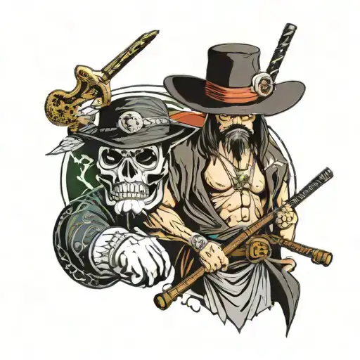 straw hat, zorro saber, nami staff, chopper hat, sanji hill, usopp slingshot. letter v tattoo design idea