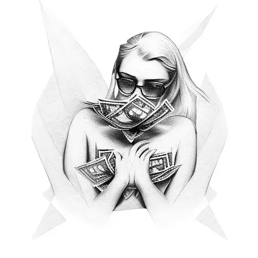 A woman with a poker hand tattooed on her back, surrounded by dollar bills tattoo design idea