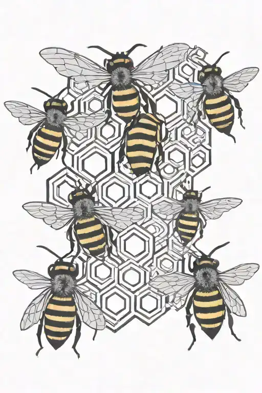 3d 4 bees and 3d honey comb tattoo design idea
