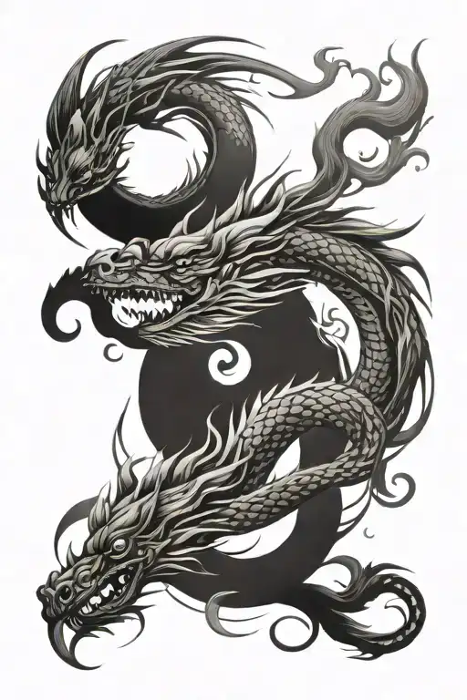 Create a tattoo design that combines elements of a dragon and a phoenix in a yin-yang style. I want the dragon to be det tattoo design idea