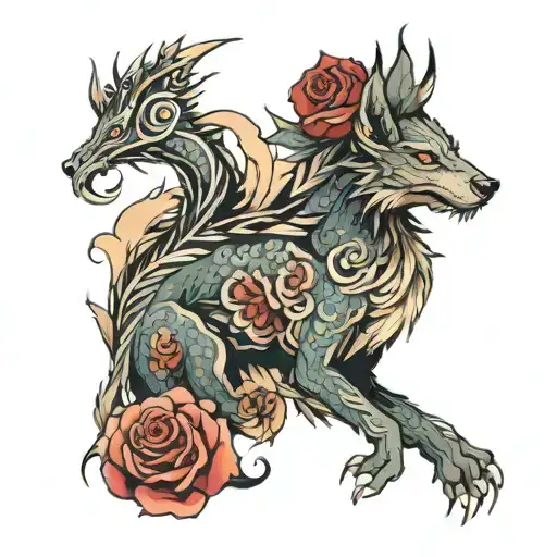 A dragon with a rose on its head and a body wolf tattoo design idea