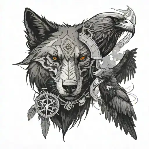 Wofl and raven with witcher 3 symbols  tattoo design idea