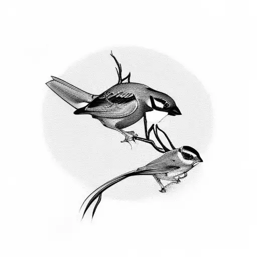 2 silhouett finch birds and smaller finch bird standing side by side  tattoo design idea