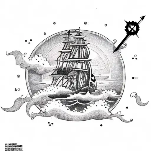 Pirate ship in ocean getting struck by lightning with a compass  tattoo design idea