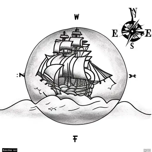 Pirate ship in ocean getting struck by lightning with a compass  tattoo design idea