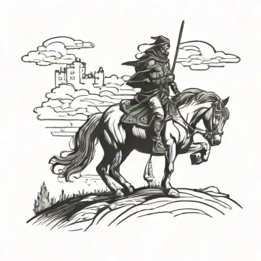 Horse rider At the beginning of a hill with a medieval castle on top, cloudy sky. All blackwork style tattoo design idea