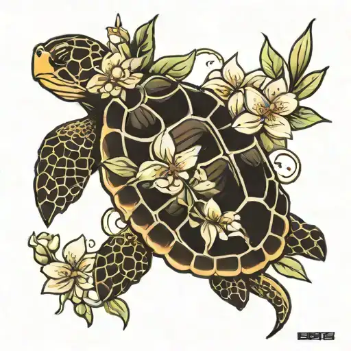 turtle and jasmine flower   tattoo design idea