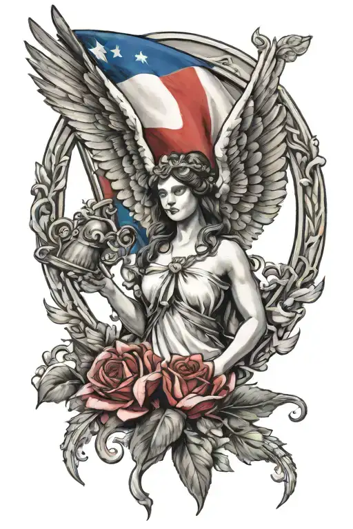 marianne symbol of france with wings holding a flag tattoo design idea