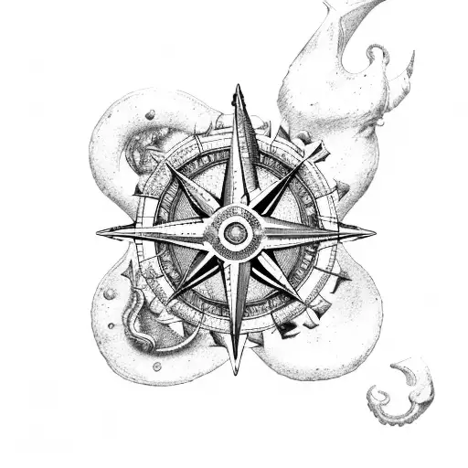poseidon, compass, sailship, octopuss, old map adriatic tattoo design idea