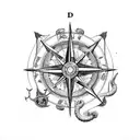 poseidon, compass, sailship, octopuss, old map adriatic tattoo design idea