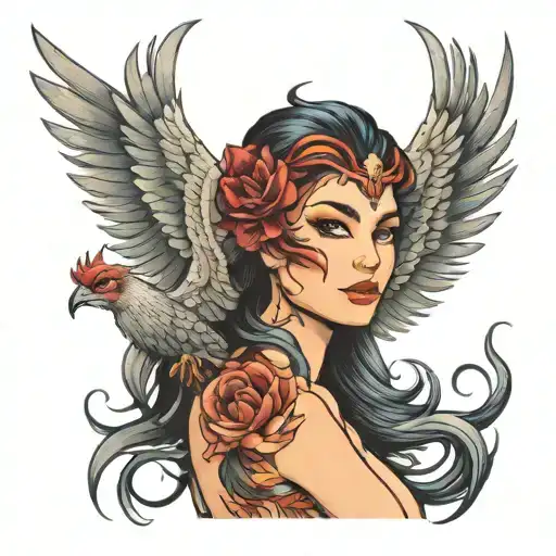 feminine phoenix rising woman posing tattoo design idea