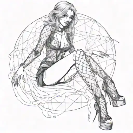 Sexy Woman, Gothic Makeup, Goth, Black tight clothes, Revealing outfit, G-string, Fishnet Stockings, Torn Fishnet tattoo design idea