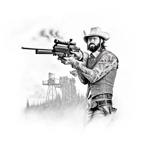 fullbody image of western outlaw gunslinger in a shootout, with an oil derrick in the background tattoo design idea