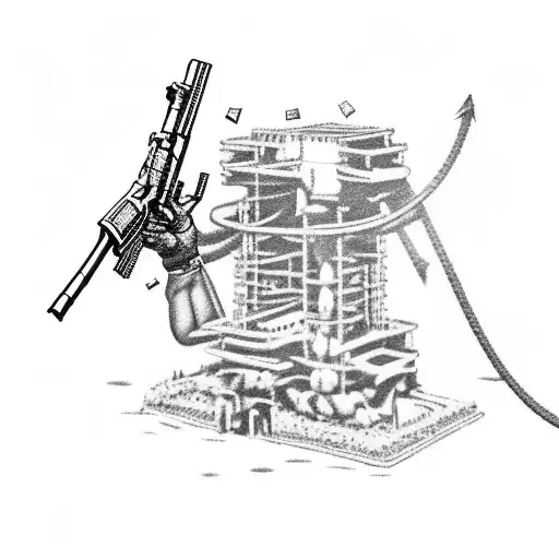 fullbody image of western outlaw gunslinger in a shootout, with an oil derrick in the background tattoo design idea