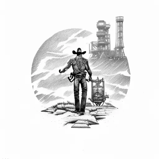 fullbody image of western outlaw gunslinger in action, with an oil rig in the background tattoo design idea