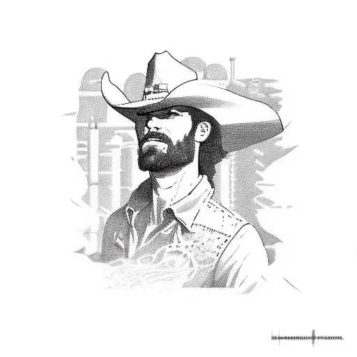 western outlaw gunslinger, with an oil boom in the background tattoo design idea