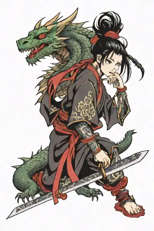 dragon, demon, japanese girl, samurai sword tattoo design idea